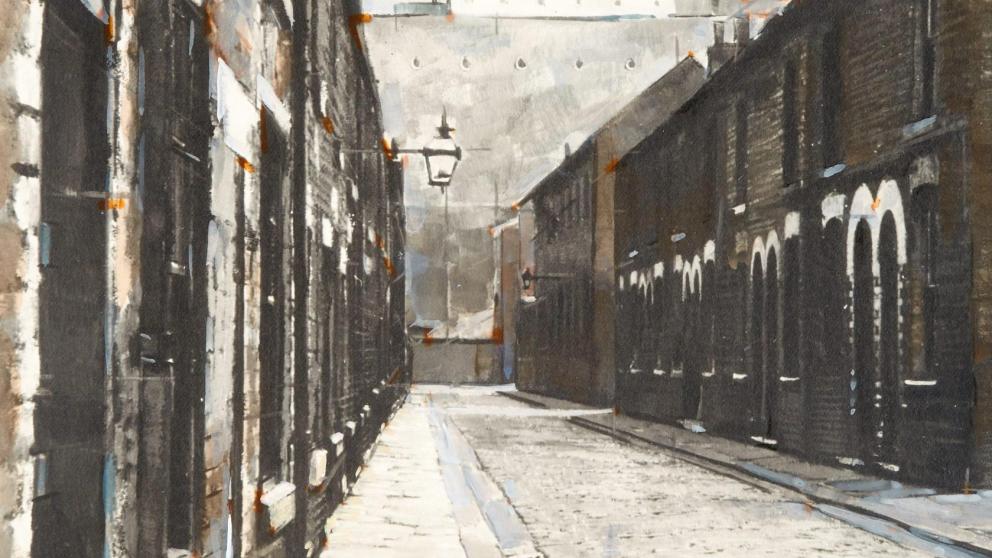 Painting of a narrow cobblestone street lined with brick buildings