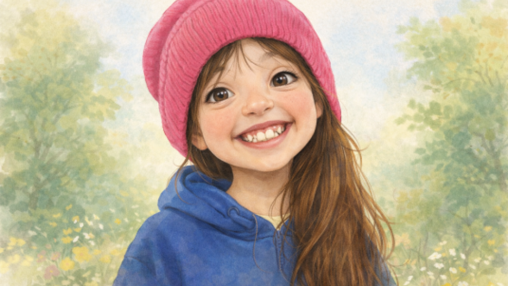 An illustration of a young girl wearing a pink hat and a blue hoodie, surrounded by green trees