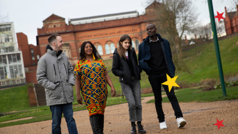 Students walking through Peel Park