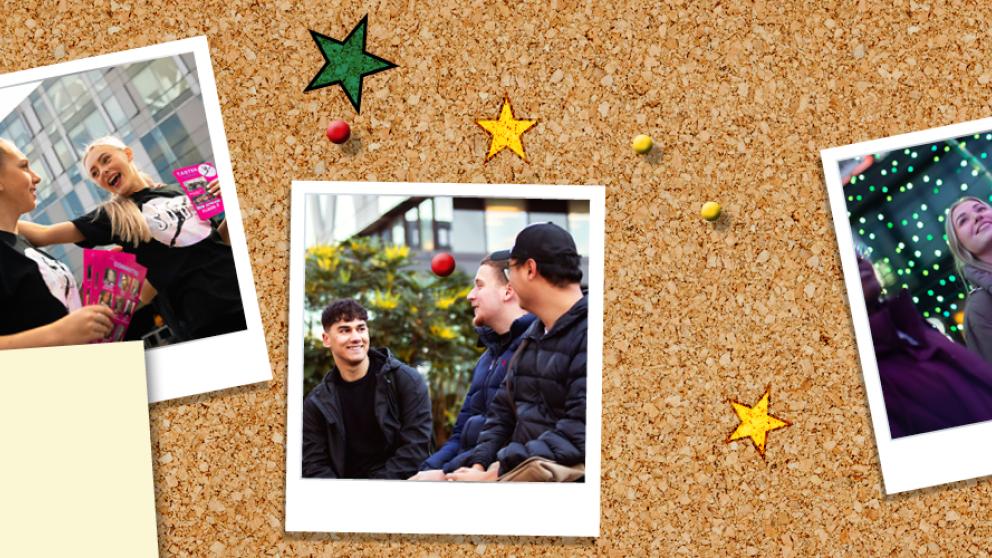 Polaroid pictures on pin board 