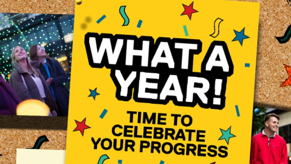 What a year! Time to celebrate your progress written on yellow post-it.