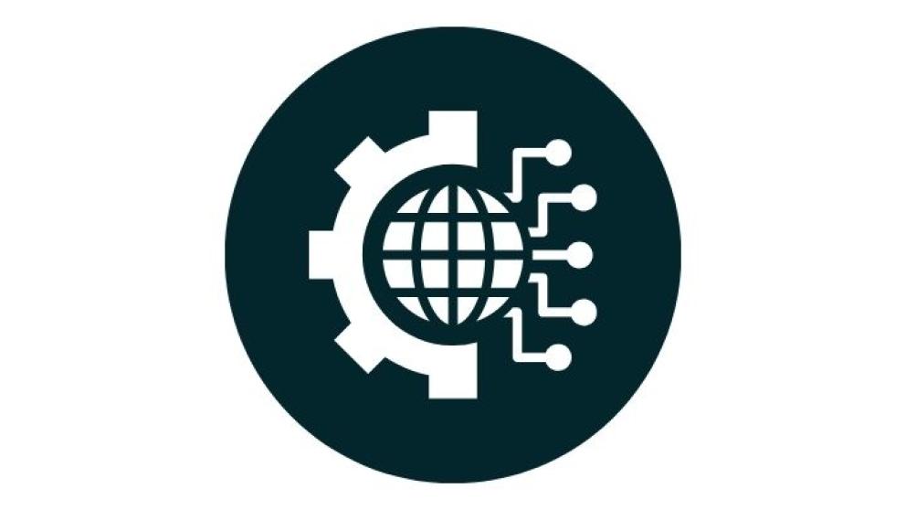 Circular dark blue icon featuring a white globe at the centre partially enclosed by a gear on the left and connected circuit lines on the right, symbolising the integration of technology, engineering, and global systems.