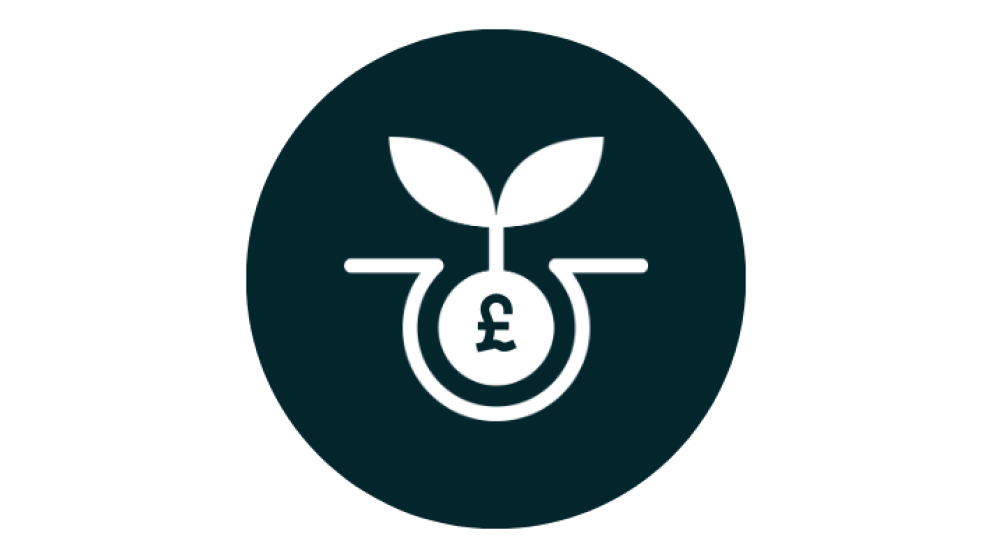 Circular dark blue icon featuring a white sprouting plant growing from a coin marked with a pound (£) symbol, representing sustainable finance or green investment.