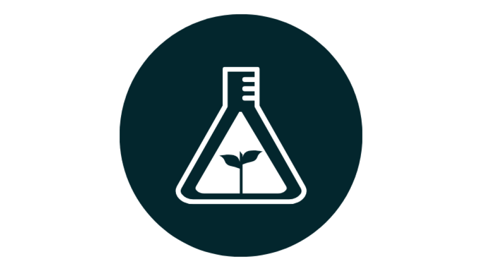 A white graphic of a lab flask with a plant shoot inside on a dark blue background