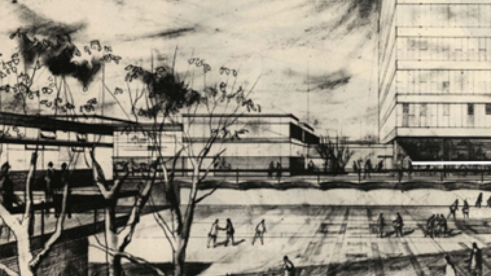 -Black-and-white architectural sketch showing a modern urban plaza with multi-story buildings, leafless trees, a pedestrian bridge on the left, and several people walking and gathering in the open space.