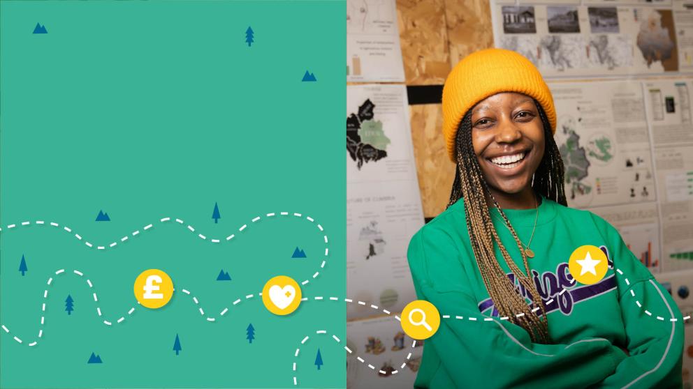 Student smiling alongside illustration of map