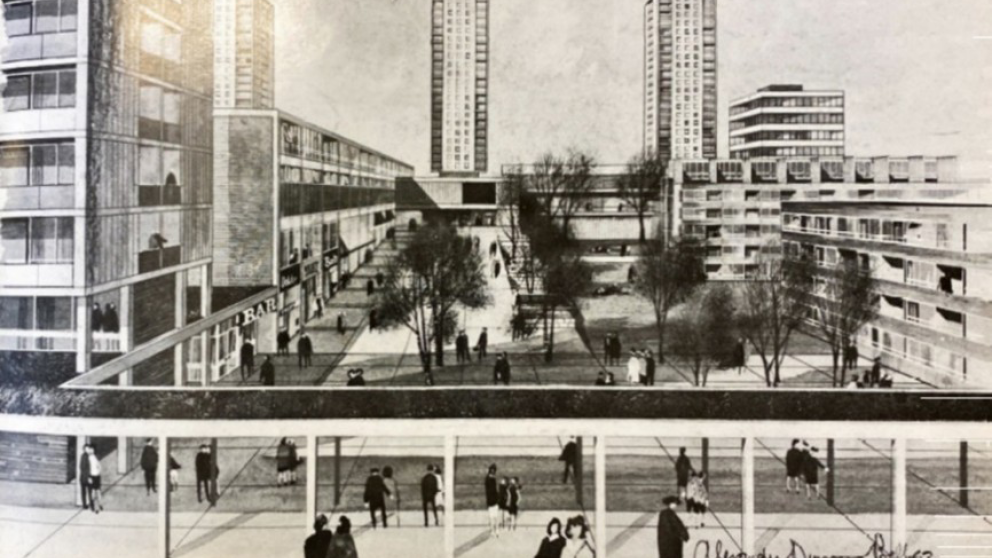 Black-and-white architectural rendering of a residential and commercial development with mid-rise buildings surrounding a landscaped pedestrian plaza. People walk and gather along covered walkways, while two tall residential towers rise in the background.