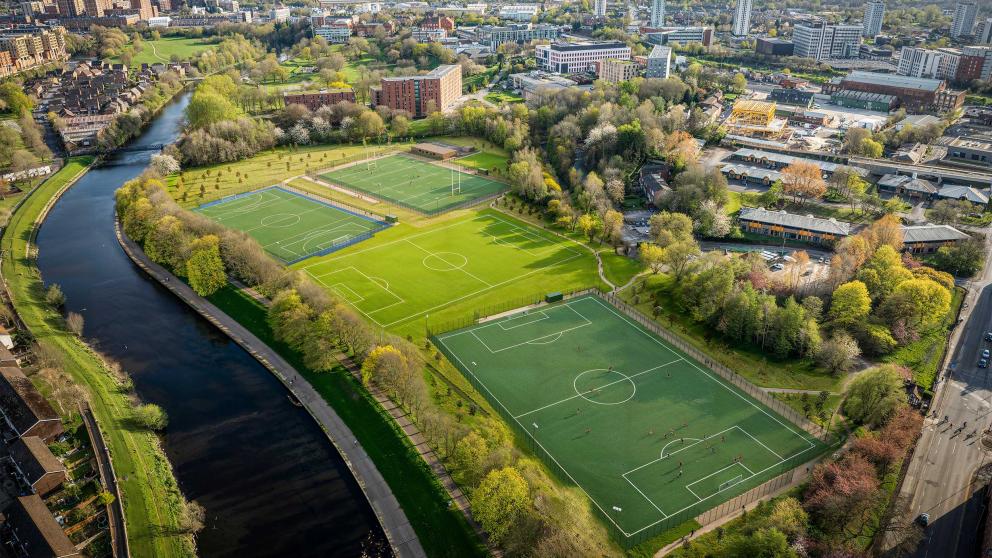 A CGI showing how new football and games pitches at the University will look