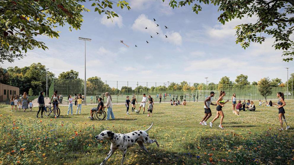A CGI of the remodeled David Lewis Playing Fields 