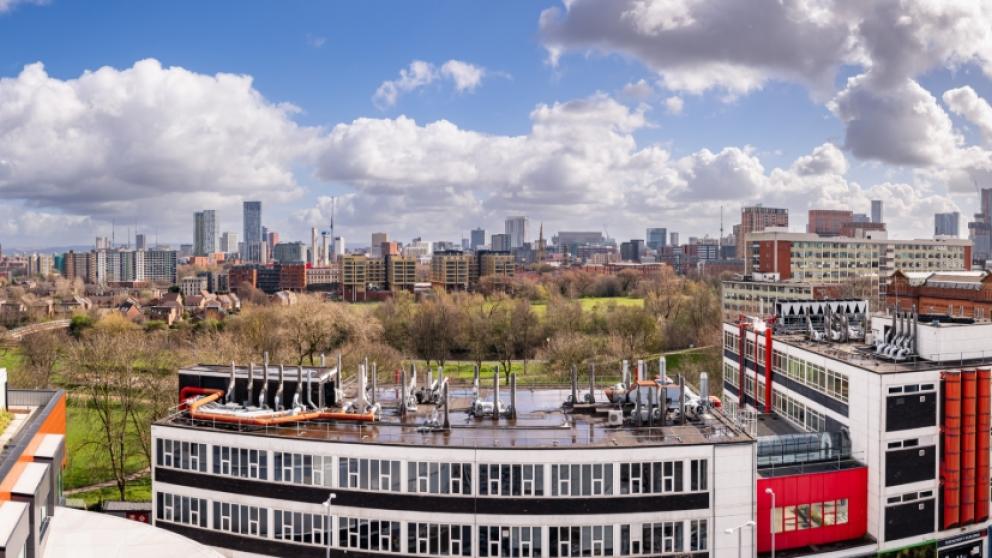 Panoramic aerial view of various buildings on the University of Salford campus
