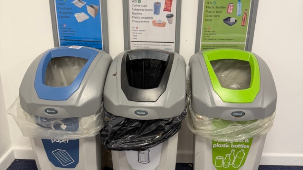 A set of Glasdon Nexus recycling bins colour coded for different recycling purposes