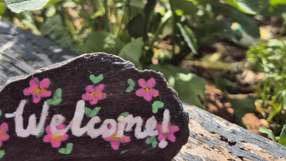 An image of a small piece of slate with the word 'Welcome' written on with painted flowers, propped up on a piece of wood with greenery behind.