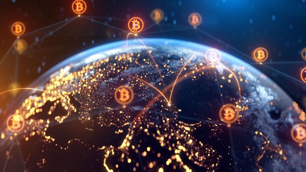  Illustration representing a global cryptocurrency network with Bitcoin icons