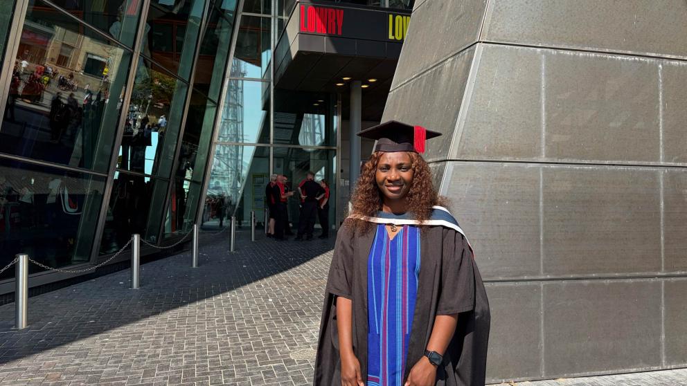 Opeyemi Victoria Ojekunle is pictured in her graduation cap and gown