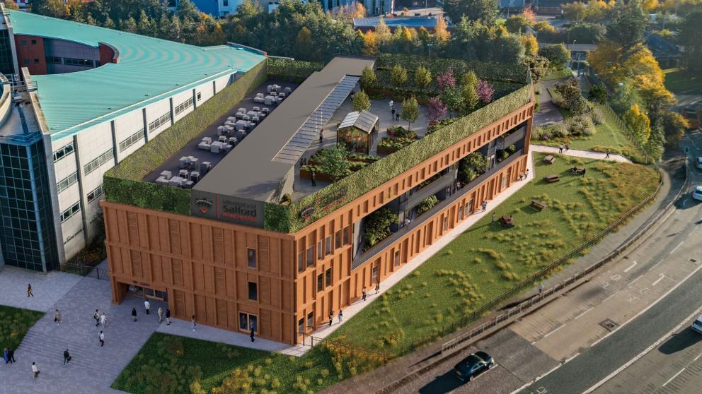 An artist's impression of an aerial view of the Thrive Health and Wellbeing Centre, University of Salford