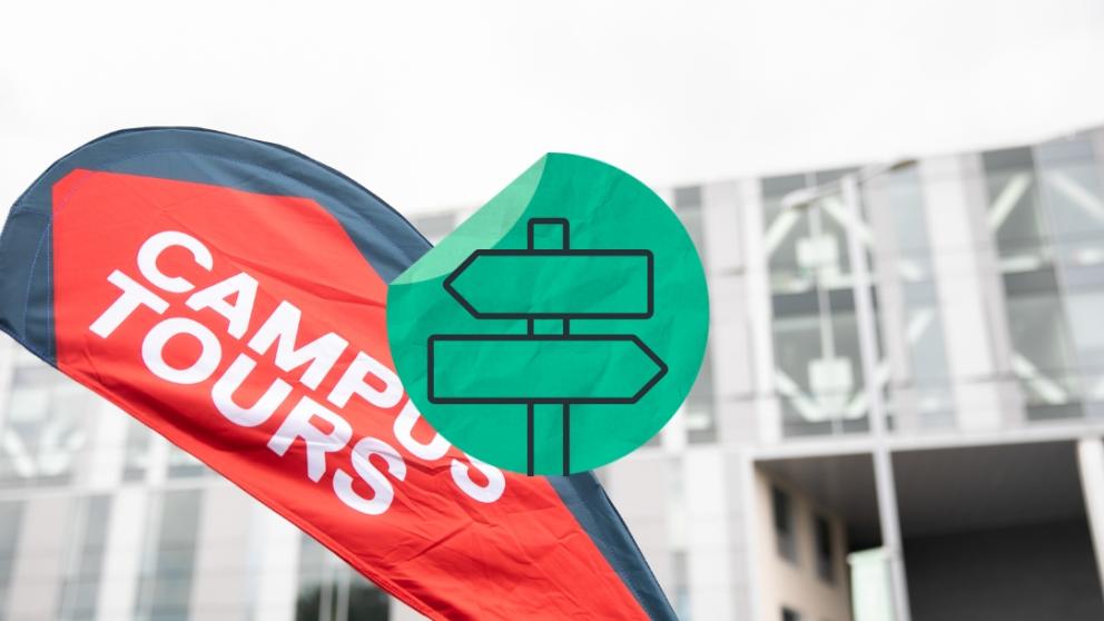 A campus tour flag with a signpost sticker