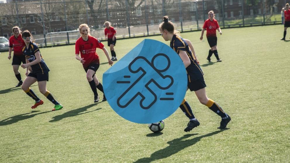 Students on a sports field with a sports sticker