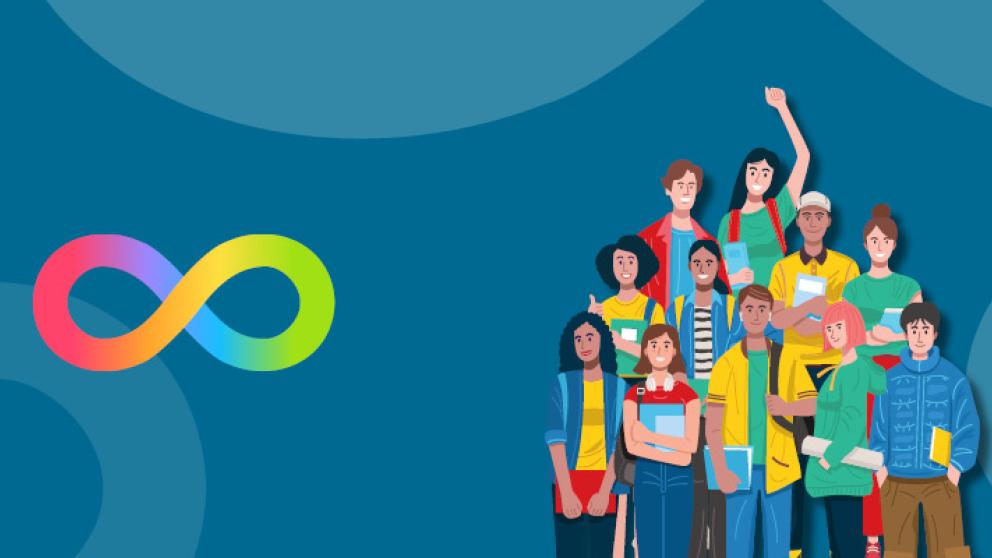 an illustration of a group of people with different characteristics (gender, disability, race) next to an infinity symbol