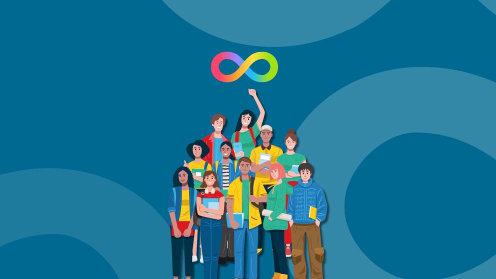 an illustration of a group of people with different characteristics (gender, disability, race) underneath an infinity symbol