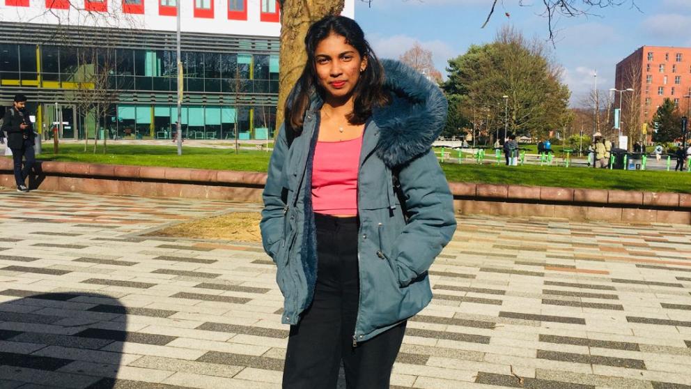 Saranga outside the School Of Science, Engineering And Environment (SEE) Building, University of Salford