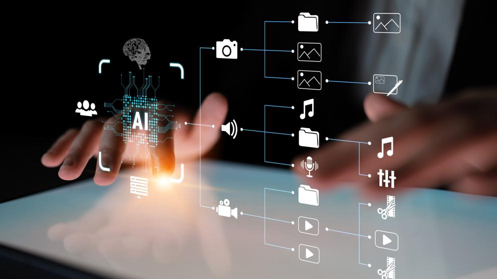 A stock image using icons to represent music and AI