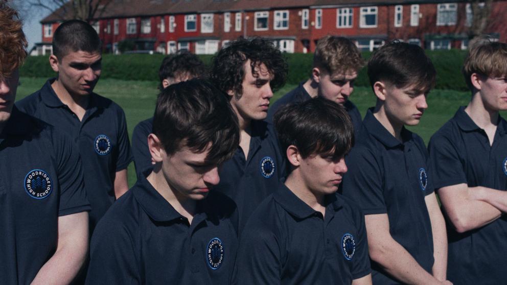 Schoolboys on a football pitch for the film Dogbone