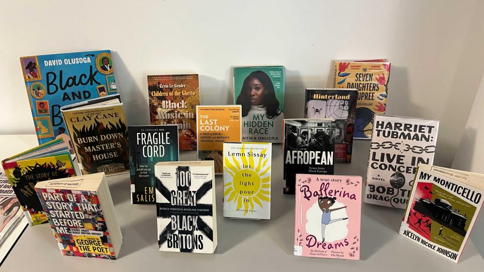 Library display featuring books by Black authors and titles exploring Black history, culture and lived experiences