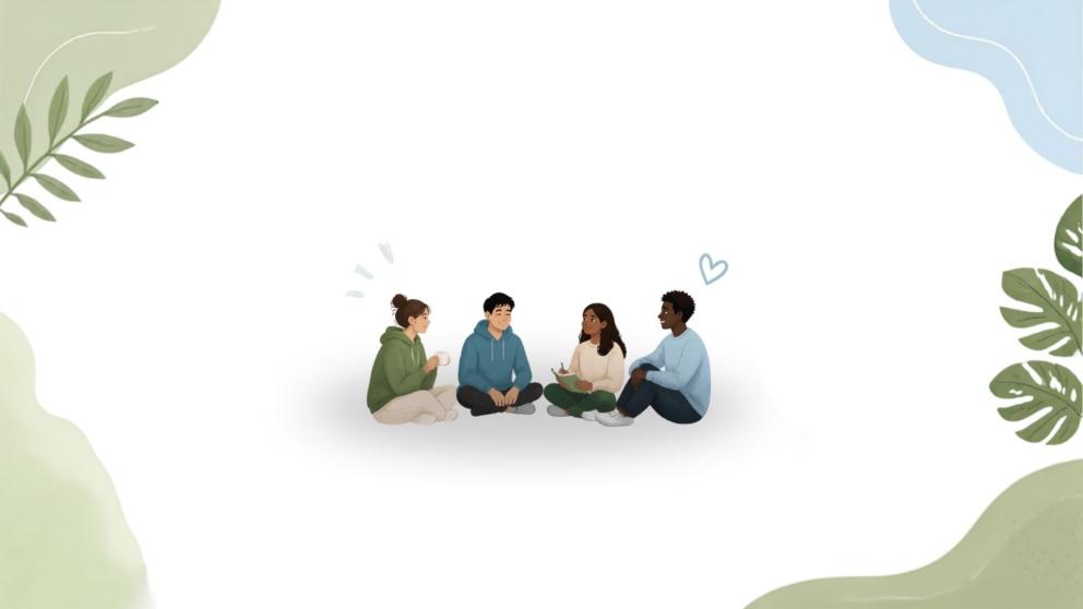 Illustration of four students sat down talking.