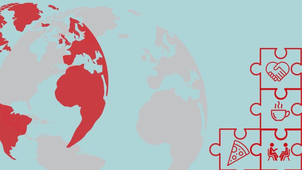 Illustration of a globe with support icons 