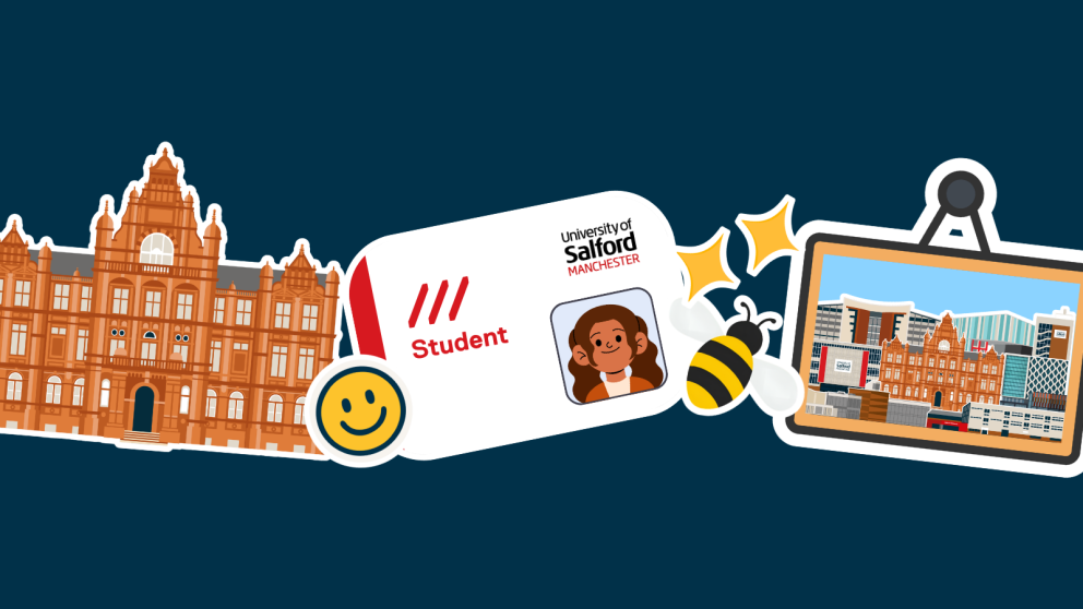 Stickers over a navy background of different salford icons