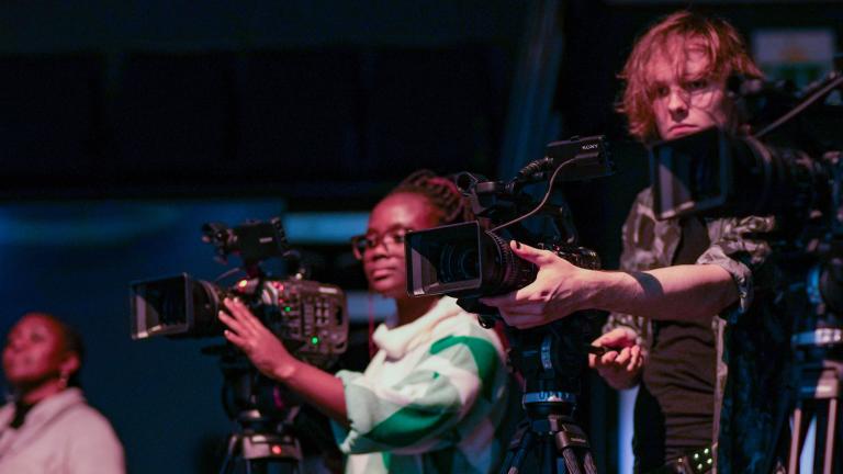 TV and Radio production students using cameras in studio