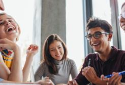 Five students in conversation