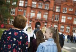 Student and parent take a tour of the Peel Park Campus, University of Salford