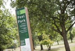 Entry sign to Peel Park