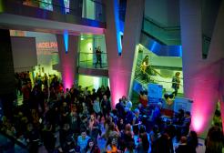 A crowd of people attending an industry event in the New Adelphi, University of Salford