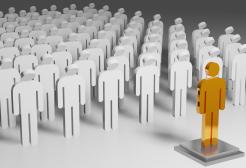 Illustration depicting a cult composition, where a group of white figures bow toward a single golden leader