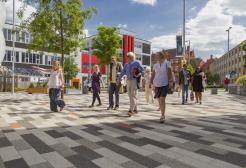 Visitors on a guided campus tour, Peel Park Campus, University of Salford