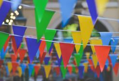 Colorful triangle bunting flags at an outdoor community events