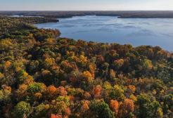 Aerial view of Atwood Lake surrounded by trees in Ohio, USA