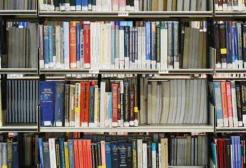 Library shelves holding multiple books