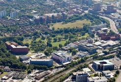 Aerial view of Peel Park and Frederick Road campuses, University of Salford