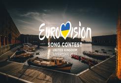 Image shows the Eurovision logo at a scene in Albert Dock