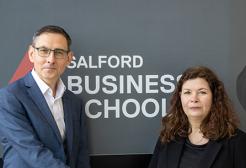 Richard Jeffery, Founder Partner of Growth Flag shaking hands with Dr Francine Morris, Associate Dean for Enterprise and Engagement, Salford Business School