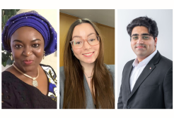 A collage of three people. Left, a woman in a blue head wrap. Middle, a woman in a grey blazer. Right, a man in a suit. 