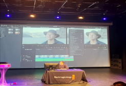 A presenter gives a demonstration of Blackmagic Design tech