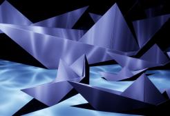 Light art installation featuring metallic blue paper boats