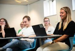 Four public health practitioner apprentices sitting at their desks and working with laptops 