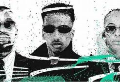 Digital image of three people dressed as characters from the film The Matrix