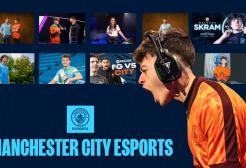 Image shows a gamer in profile in front of Manchester City stars 