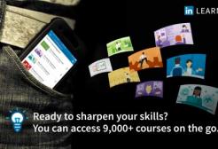 LinkedIn Learning advert with cartoon graphics and text saying 'Ready to sharpen your skills? You can access 9,000+ courses on the go'